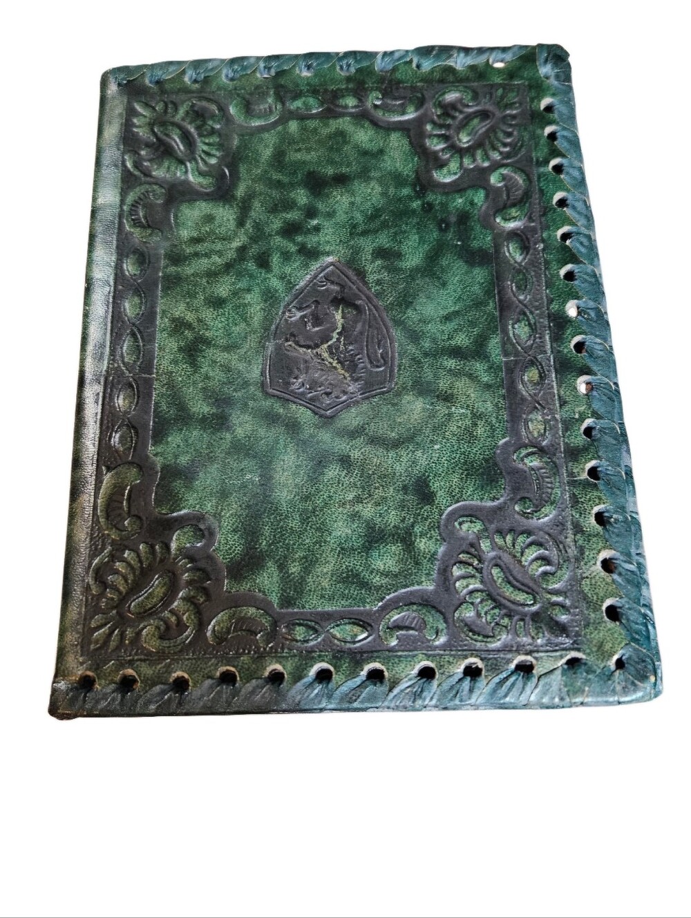 Handcrafted Green Embossed Leather Double /Folded Frame 6.5 X 4.5